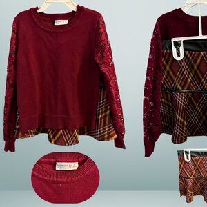 🍁 Kids Works Burgundy Sweater Dress w/ Plaid Skirt – Girls 10/12 🍂